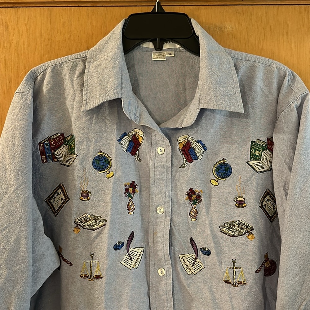 Casey Coleman Vintage Embroidered Academia Law School Button Down Shirt Size XL